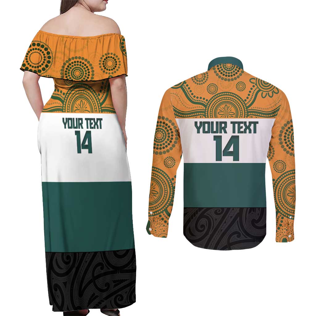 AUNZ Rugby Custom Couples Matching Off Shoulder Maxi Dress and Long Sleeve Button Shirt Australia Kangaroo New Zealand Silver Fern - Aussie Hoodie
