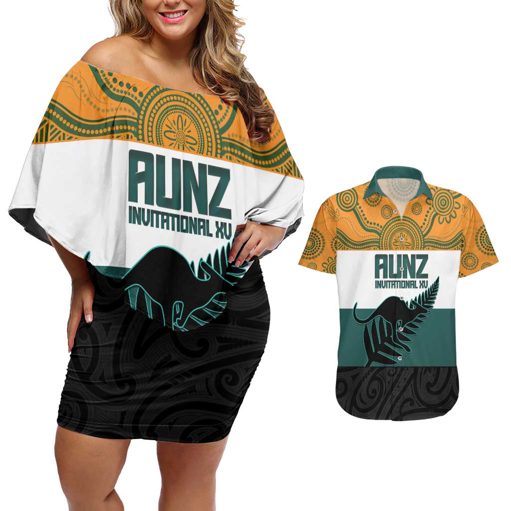 AUNZ Rugby Custom Couples Matching Off Shoulder Short Dress and Hawaiian Shirt Australia Kangaroo New Zealand Silver Fern - Aussie Hoodie