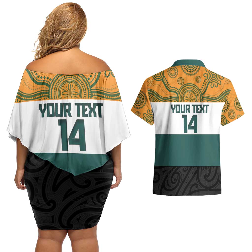 AUNZ Rugby Custom Couples Matching Off Shoulder Short Dress and Hawaiian Shirt Australia Kangaroo New Zealand Silver Fern - Aussie Hoodie