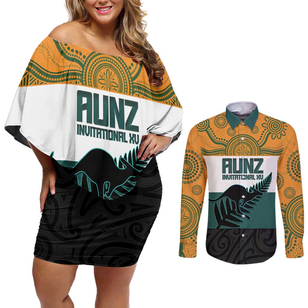AUNZ Rugby Custom Couples Matching Off Shoulder Short Dress and Long Sleeve Button Shirt Australia Kangaroo New Zealand Silver Fern - Aussie Hoodie