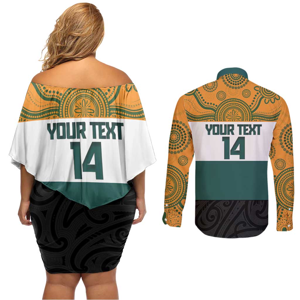 AUNZ Rugby Custom Couples Matching Off Shoulder Short Dress and Long Sleeve Button Shirt Australia Kangaroo New Zealand Silver Fern - Aussie Hoodie