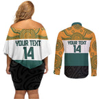 AUNZ Rugby Custom Couples Matching Off Shoulder Short Dress and Long Sleeve Button Shirt Australia Kangaroo New Zealand Silver Fern - Aussie Hoodie