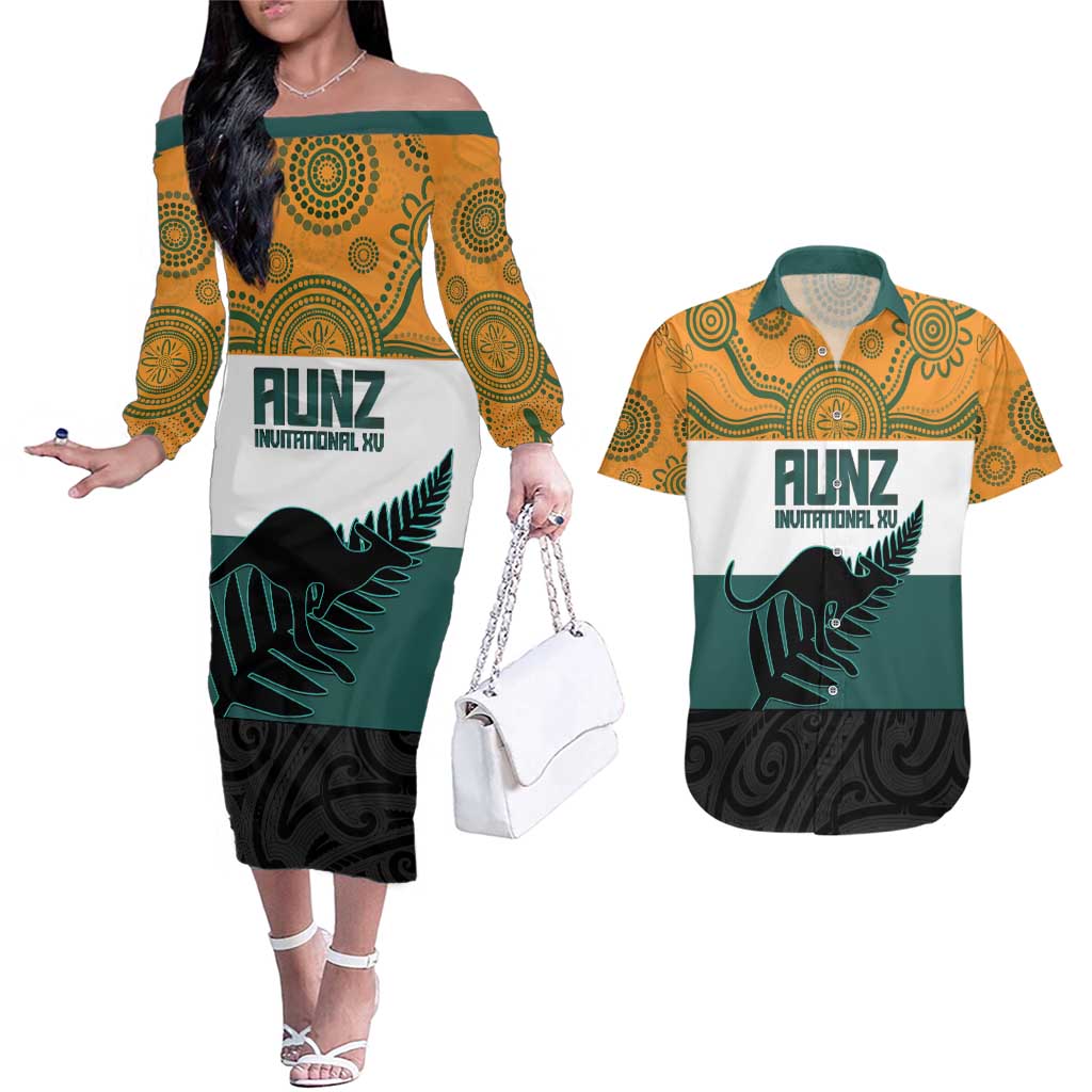 AUNZ Rugby Custom Couples Matching Off The Shoulder Long Sleeve Dress and Hawaiian Shirt Australia Kangaroo New Zealand Silver Fern - Aussie Hoodie