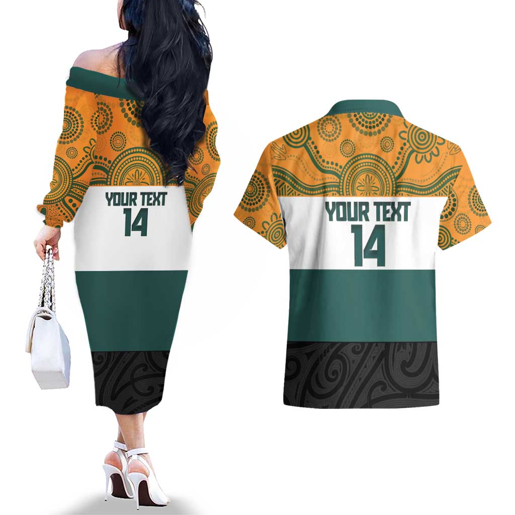AUNZ Rugby Custom Couples Matching Off The Shoulder Long Sleeve Dress and Hawaiian Shirt Australia Kangaroo New Zealand Silver Fern - Aussie Hoodie