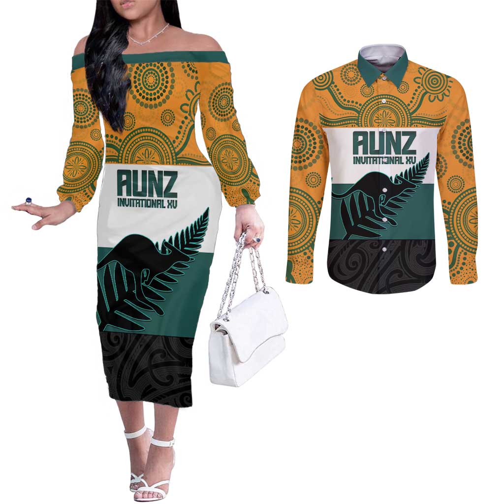 AUNZ Rugby Custom Couples Matching Off The Shoulder Long Sleeve Dress and Long Sleeve Button Shirt Australia Kangaroo New Zealand Silver Fern - Aussie Hoodie