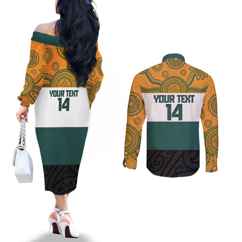 AUNZ Rugby Custom Couples Matching Off The Shoulder Long Sleeve Dress and Long Sleeve Button Shirt Australia Kangaroo New Zealand Silver Fern - Aussie Hoodie