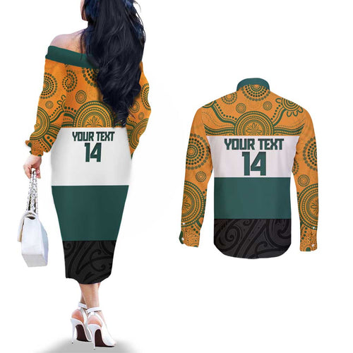 AUNZ Rugby Custom Couples Matching Off The Shoulder Long Sleeve Dress and Long Sleeve Button Shirt Australia Kangaroo New Zealand Silver Fern - Aussie Hoodie