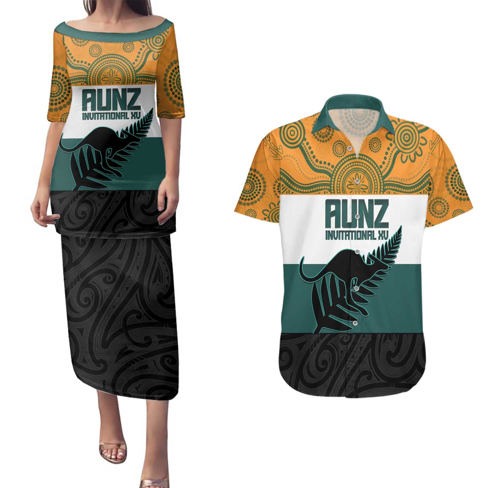 AUNZ Rugby Custom Couples Matching Puletasi and Hawaiian Shirt Australia Kangaroo New Zealand Silver Fern - Aussie Hoodie
