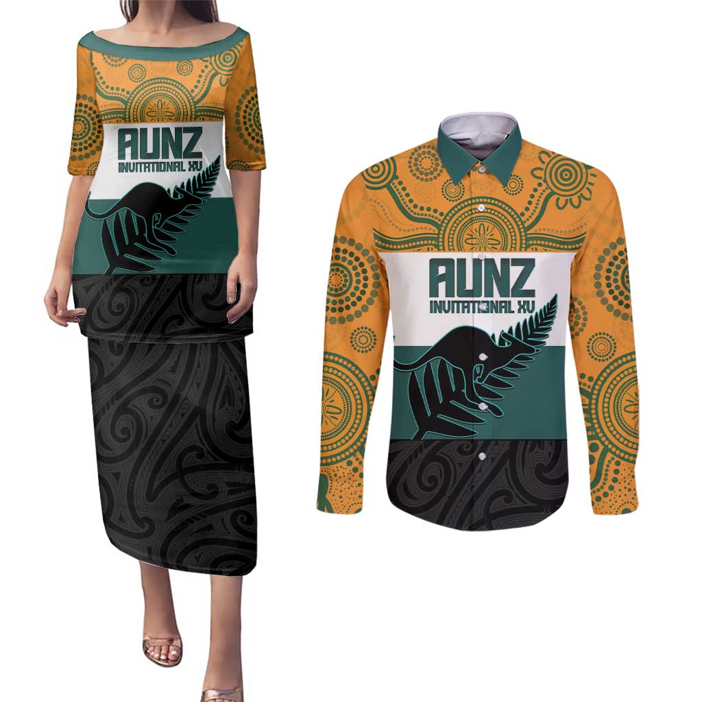AUNZ Rugby Custom Couples Matching Puletasi and Long Sleeve Button Shirt Australia Kangaroo New Zealand Silver Fern - Aussie Hoodie