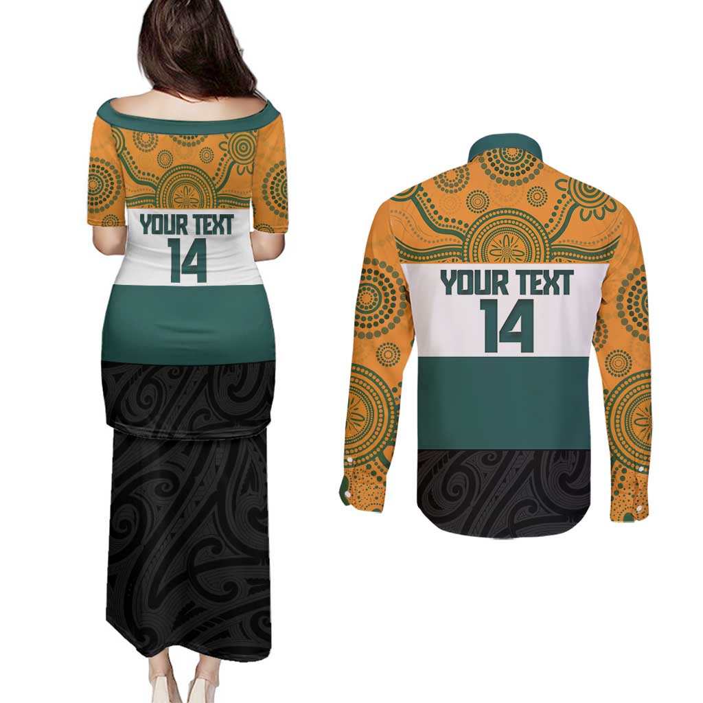 AUNZ Rugby Custom Couples Matching Puletasi and Long Sleeve Button Shirt Australia Kangaroo New Zealand Silver Fern - Aussie Hoodie
