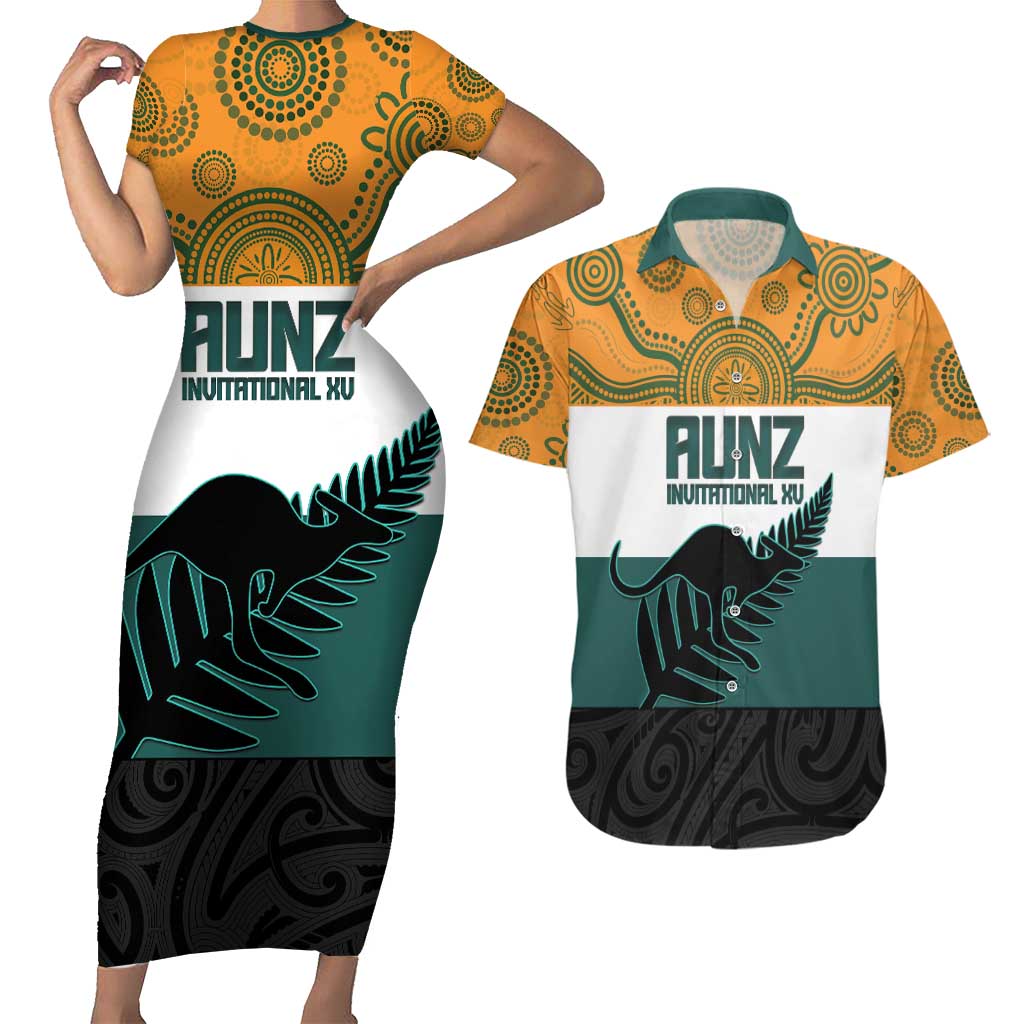 AUNZ Rugby Custom Couples Matching Short Sleeve Bodycon Dress and Hawaiian Shirt Australia Kangaroo New Zealand Silver Fern - Aussie Hoodie