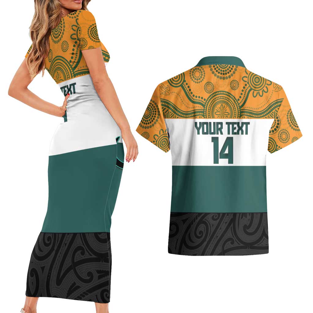 AUNZ Rugby Custom Couples Matching Short Sleeve Bodycon Dress and Hawaiian Shirt Australia Kangaroo New Zealand Silver Fern - Aussie Hoodie