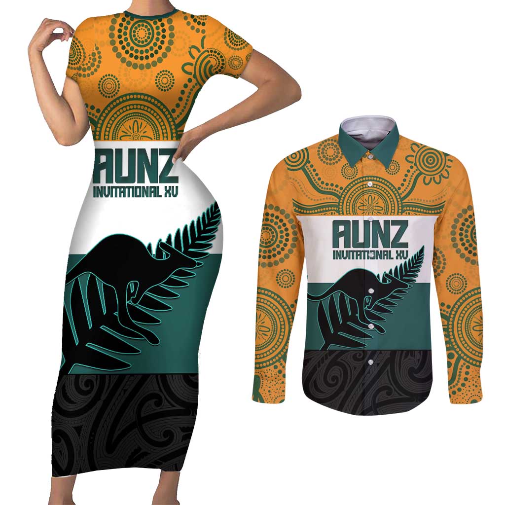 AUNZ Rugby Custom Couples Matching Short Sleeve Bodycon Dress and Long Sleeve Button Shirt Australia Kangaroo New Zealand Silver Fern - Aussie Hoodie