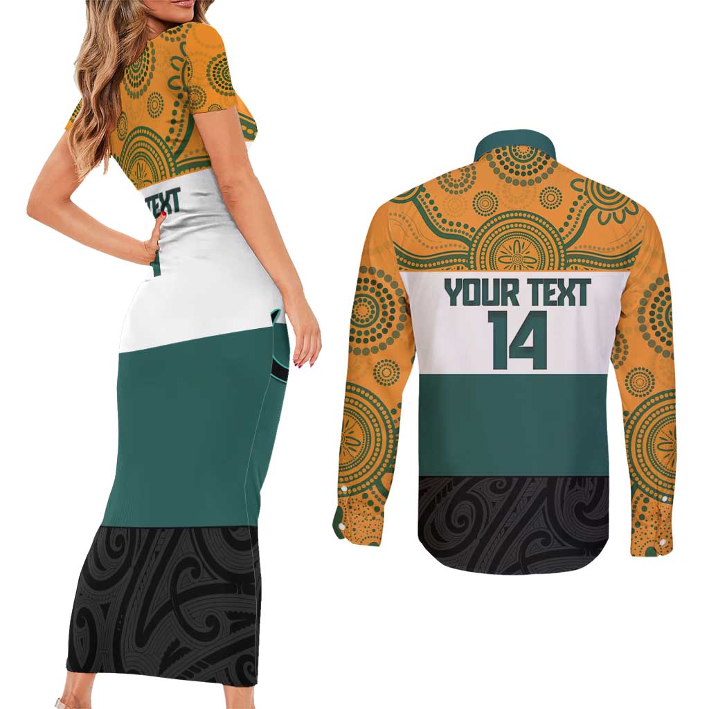 AUNZ Rugby Custom Couples Matching Short Sleeve Bodycon Dress and Long Sleeve Button Shirt Australia Kangaroo New Zealand Silver Fern - Aussie Hoodie