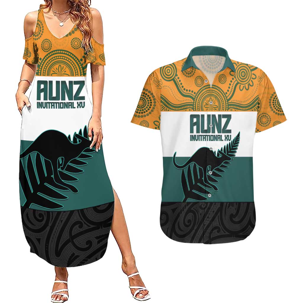 AUNZ Rugby Custom Couples Matching Summer Maxi Dress and Hawaiian Shirt Australia Kangaroo New Zealand Silver Fern - Aussie Hoodie