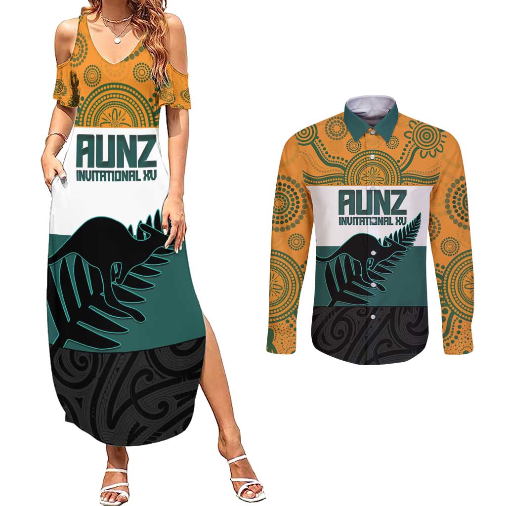 AUNZ Rugby Custom Couples Matching Summer Maxi Dress and Long Sleeve Button Shirt Australia Kangaroo New Zealand Silver Fern - Aussie Hoodie