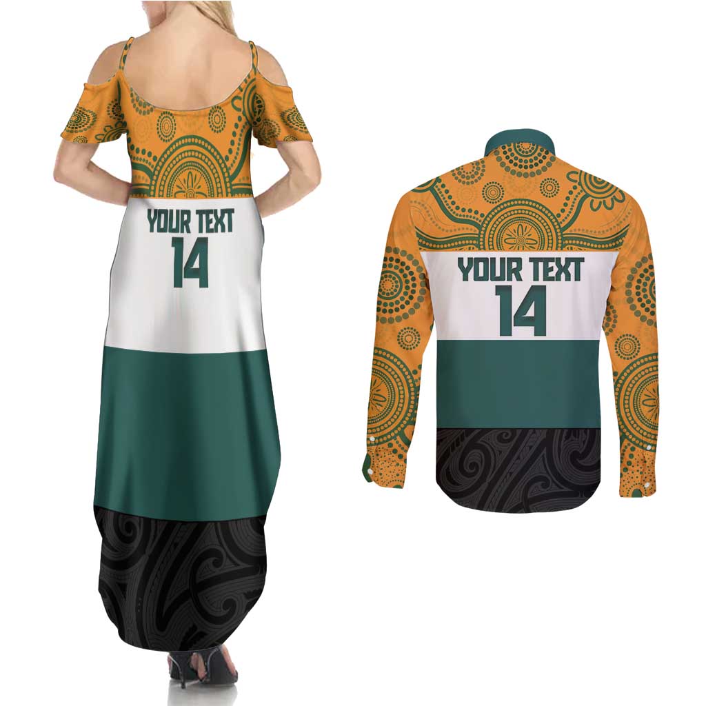 AUNZ Rugby Custom Couples Matching Summer Maxi Dress and Long Sleeve Button Shirt Australia Kangaroo New Zealand Silver Fern - Aussie Hoodie