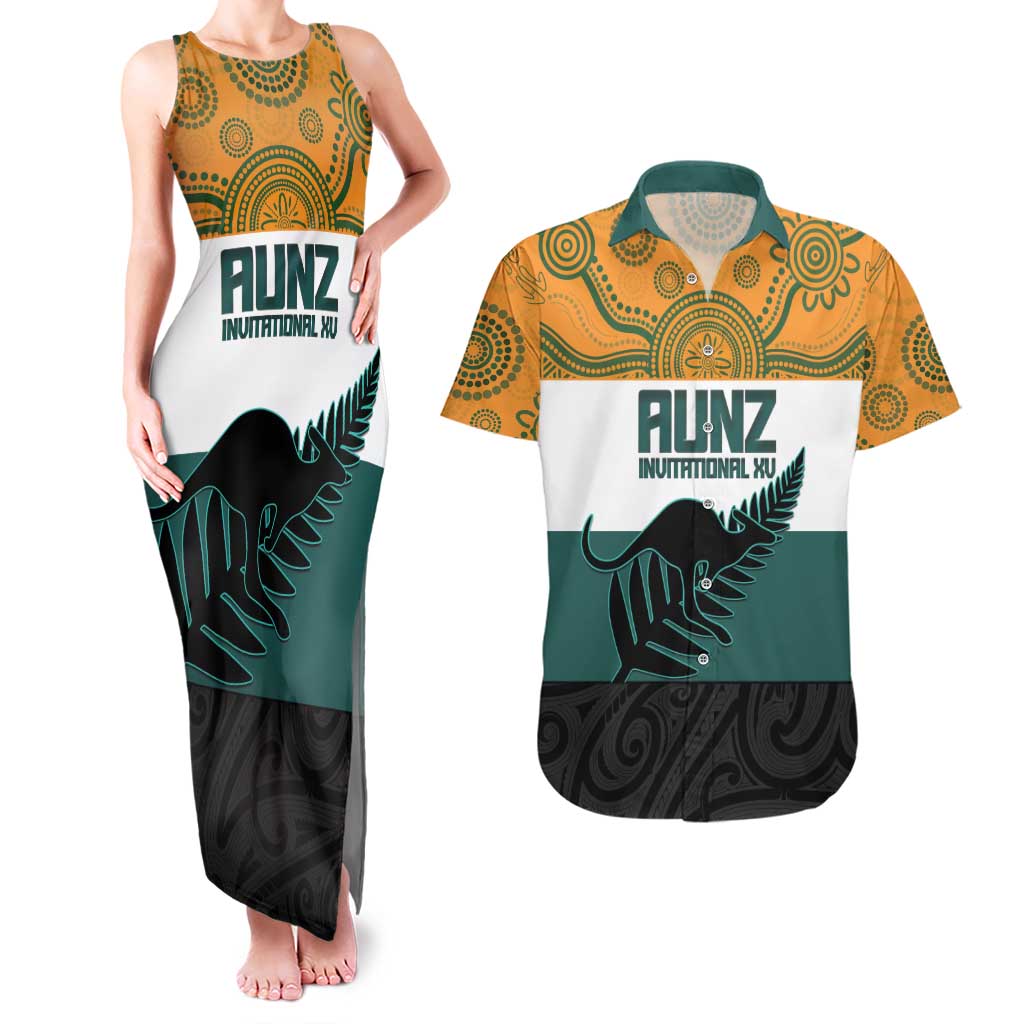 AUNZ Rugby Custom Couples Matching Tank Maxi Dress and Hawaiian Shirt Australia Kangaroo New Zealand Silver Fern - Aussie Hoodie