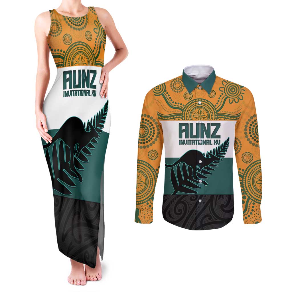 AUNZ Rugby Custom Couples Matching Tank Maxi Dress and Long Sleeve Button Shirt Australia Kangaroo New Zealand Silver Fern - Aussie Hoodie
