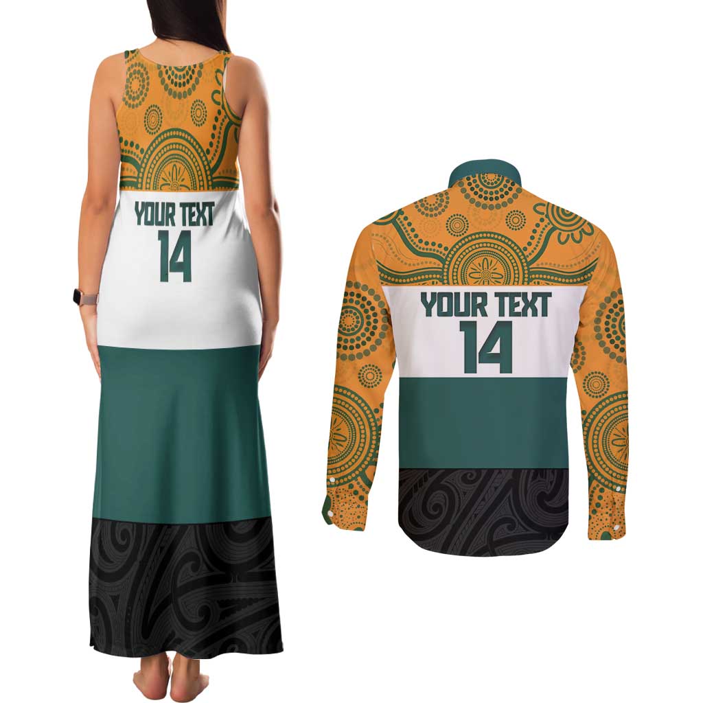 AUNZ Rugby Custom Couples Matching Tank Maxi Dress and Long Sleeve Button Shirt Australia Kangaroo New Zealand Silver Fern - Aussie Hoodie