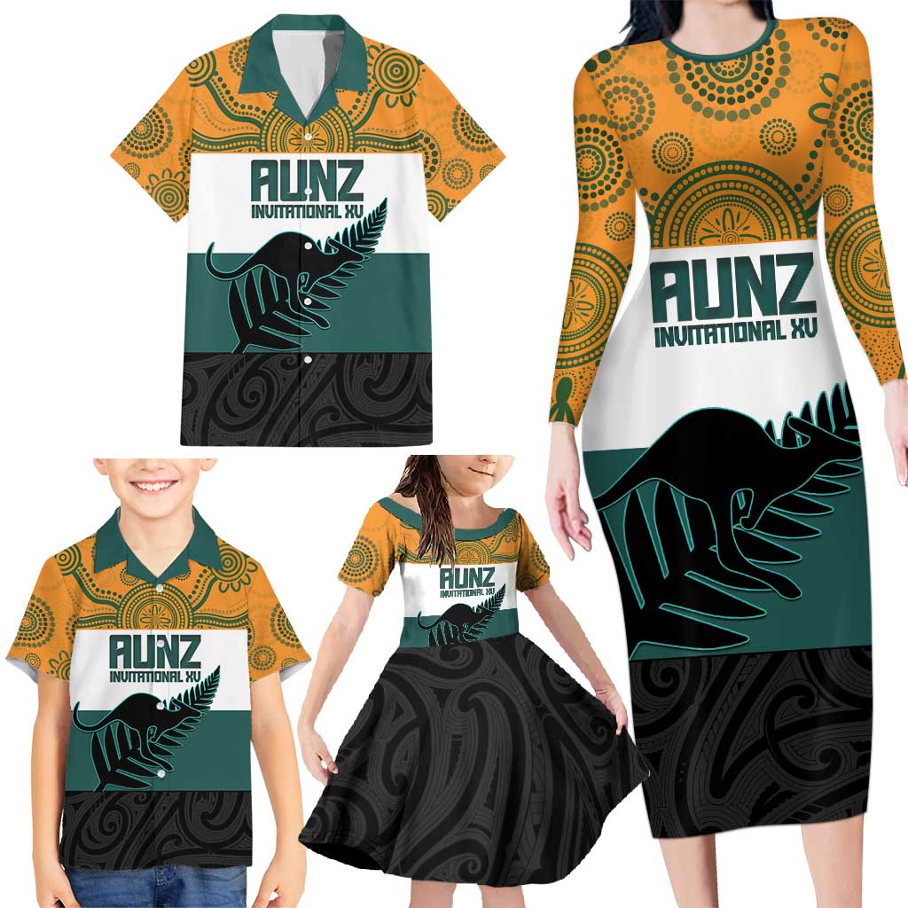 AUNZ Rugby Custom Family Matching Long Sleeve Bodycon Dress and Hawaiian Shirt Australia Kangaroo New Zealand Silver Fern - Aussie Hoodie