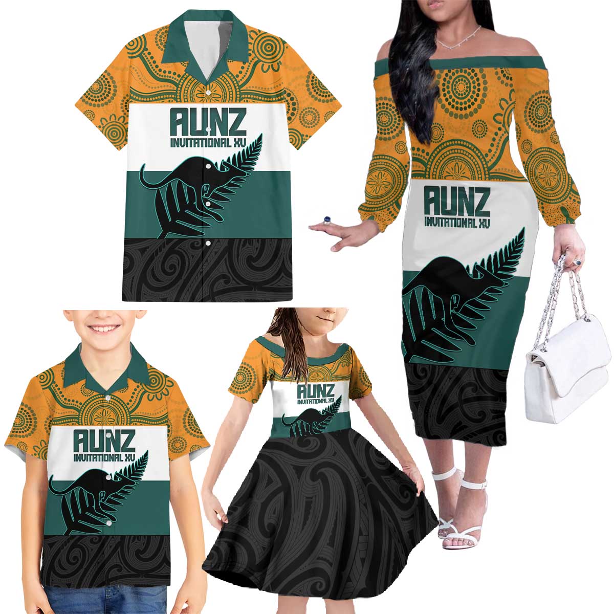 AUNZ Rugby Custom Family Matching Off The Shoulder Long Sleeve Dress and Hawaiian Shirt Australia Kangaroo New Zealand Silver Fern - Aussie Hoodie