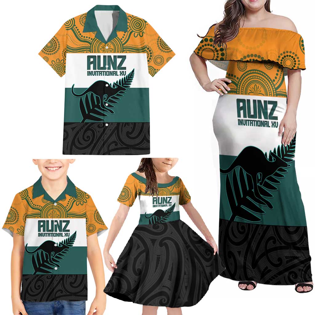 AUNZ Rugby Custom Family Matching Off Shoulder Maxi Dress and Hawaiian Shirt Australia Kangaroo New Zealand Silver Fern - Aussie Hoodie