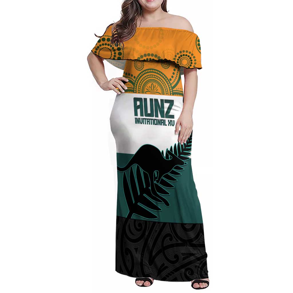 AUNZ Rugby Custom Family Matching Off Shoulder Maxi Dress and Hawaiian Shirt Australia Kangaroo New Zealand Silver Fern - Aussie Hoodie