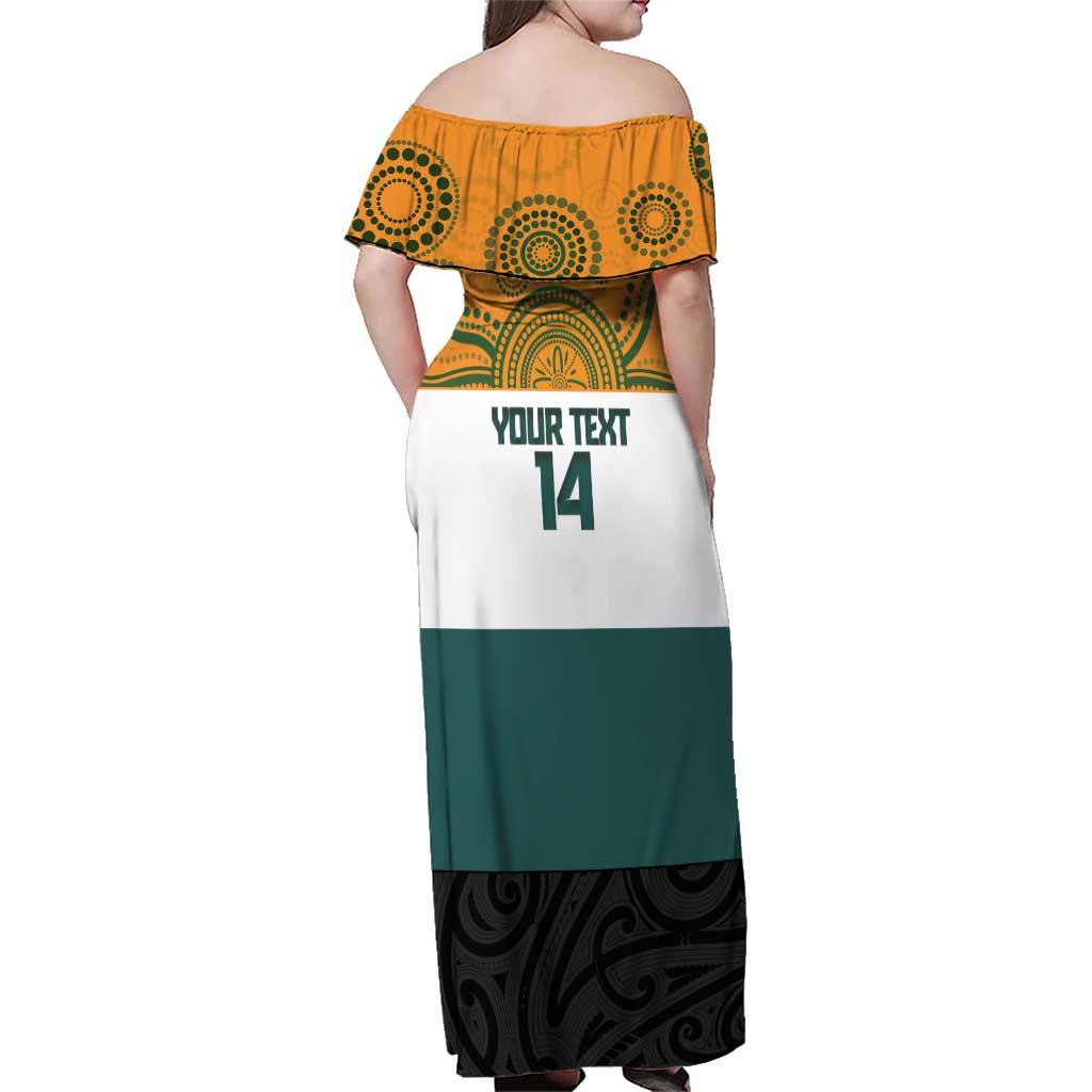 AUNZ Rugby Custom Family Matching Off Shoulder Maxi Dress and Hawaiian Shirt Australia Kangaroo New Zealand Silver Fern - Aussie Hoodie