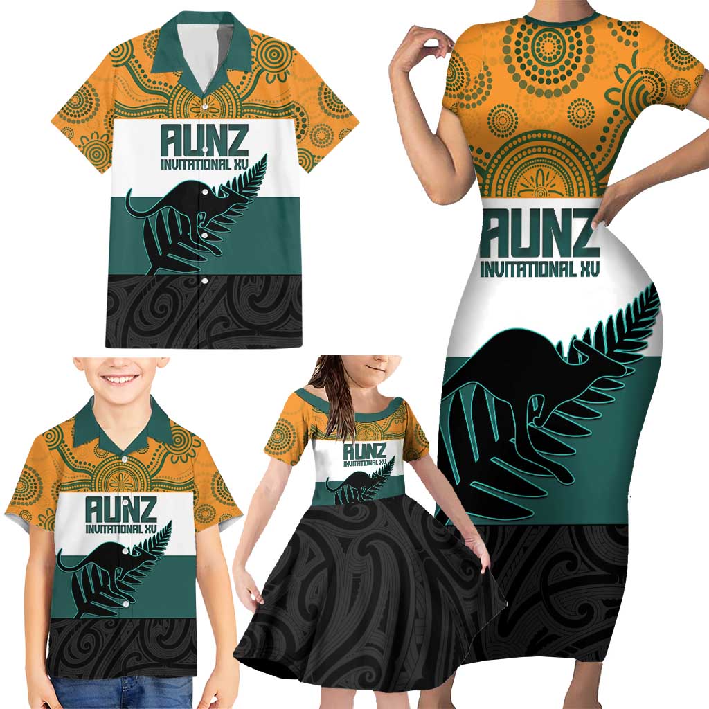 AUNZ Rugby Custom Family Matching Short Sleeve Bodycon Dress and Hawaiian Shirt Australia Kangaroo New Zealand Silver Fern - Aussie Hoodie