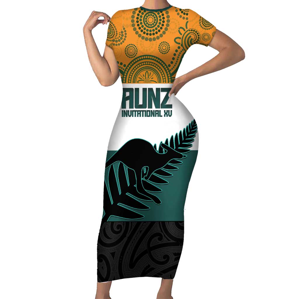 AUNZ Rugby Custom Family Matching Short Sleeve Bodycon Dress and Hawaiian Shirt Australia Kangaroo New Zealand Silver Fern - Aussie Hoodie