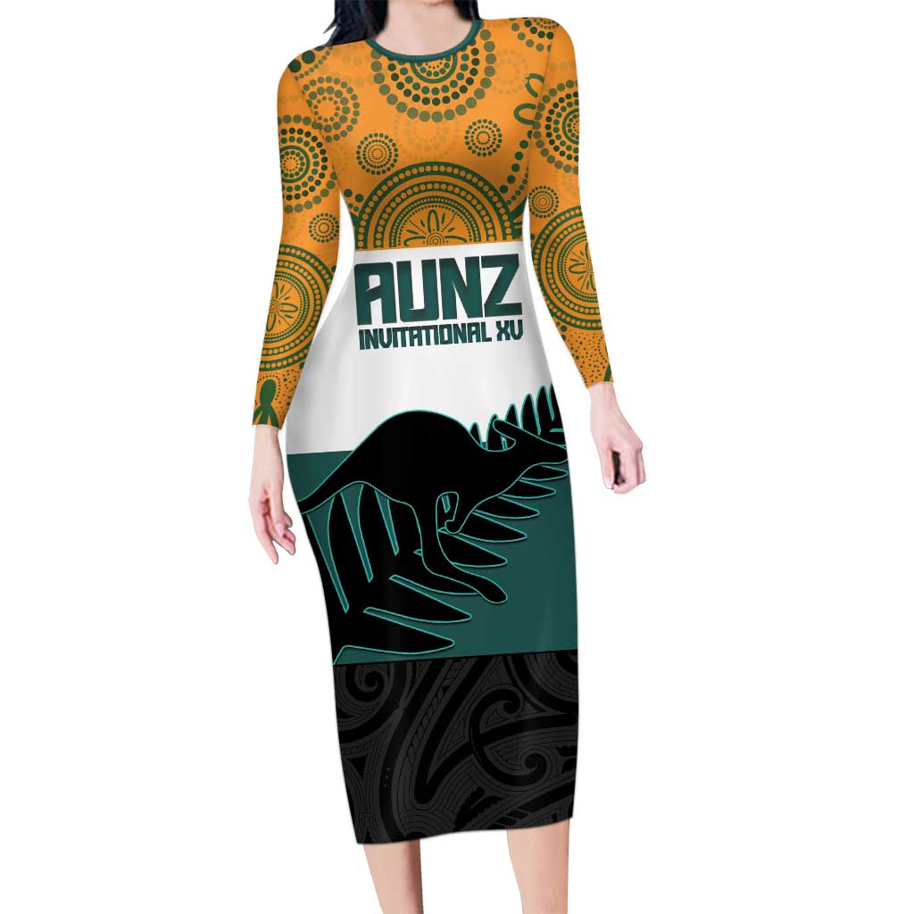 AUNZ Rugby Custom Long Sleeve Bodycon Dress Australia Kangaroo New Zealand Silver Fern - Aussie Hoodie