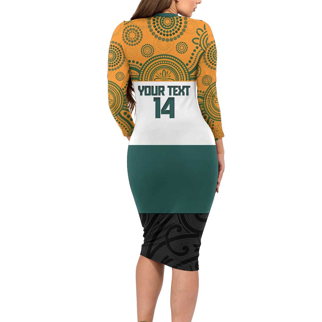 AUNZ Rugby Custom Long Sleeve Bodycon Dress Australia Kangaroo New Zealand Silver Fern - Aussie Hoodie