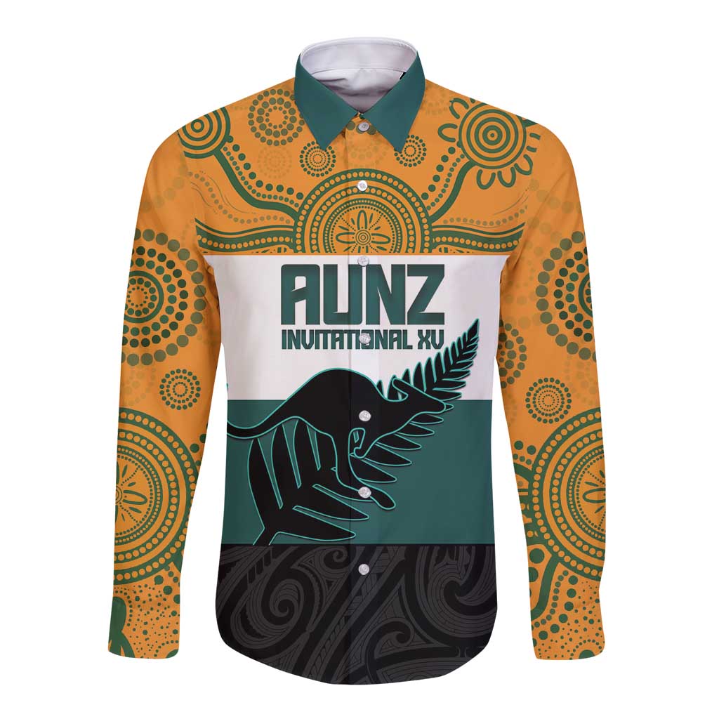 AUNZ Rugby Custom Long Sleeve Button Shirt Australia Kangaroo New Zealand Silver Fern - Aussie Hoodie