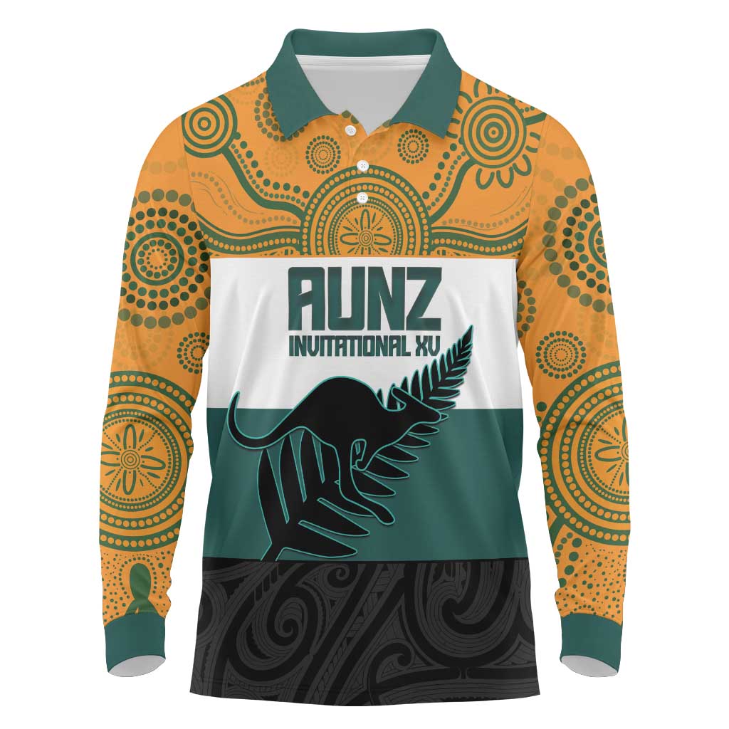 AUNZ Rugby Custom Long Sleeve Polo Shirt Australia Kangaroo New Zealand Silver Fern - Aussie Hoodie