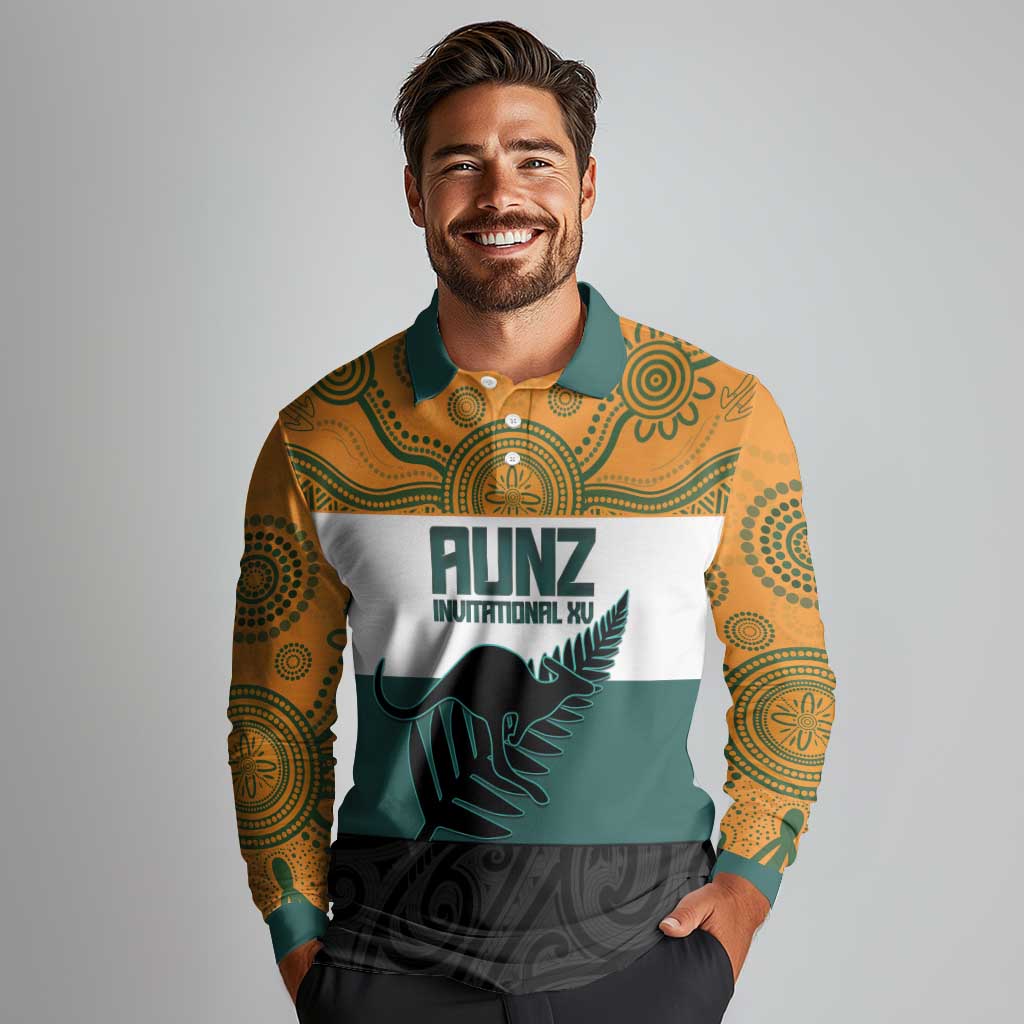 AUNZ Rugby Custom Long Sleeve Polo Shirt Australia Kangaroo New Zealand Silver Fern - Aussie Hoodie