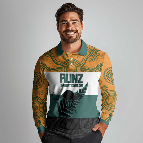 AUNZ Rugby Custom Long Sleeve Polo Shirt Australia Kangaroo New Zealand Silver Fern - Aussie Hoodie