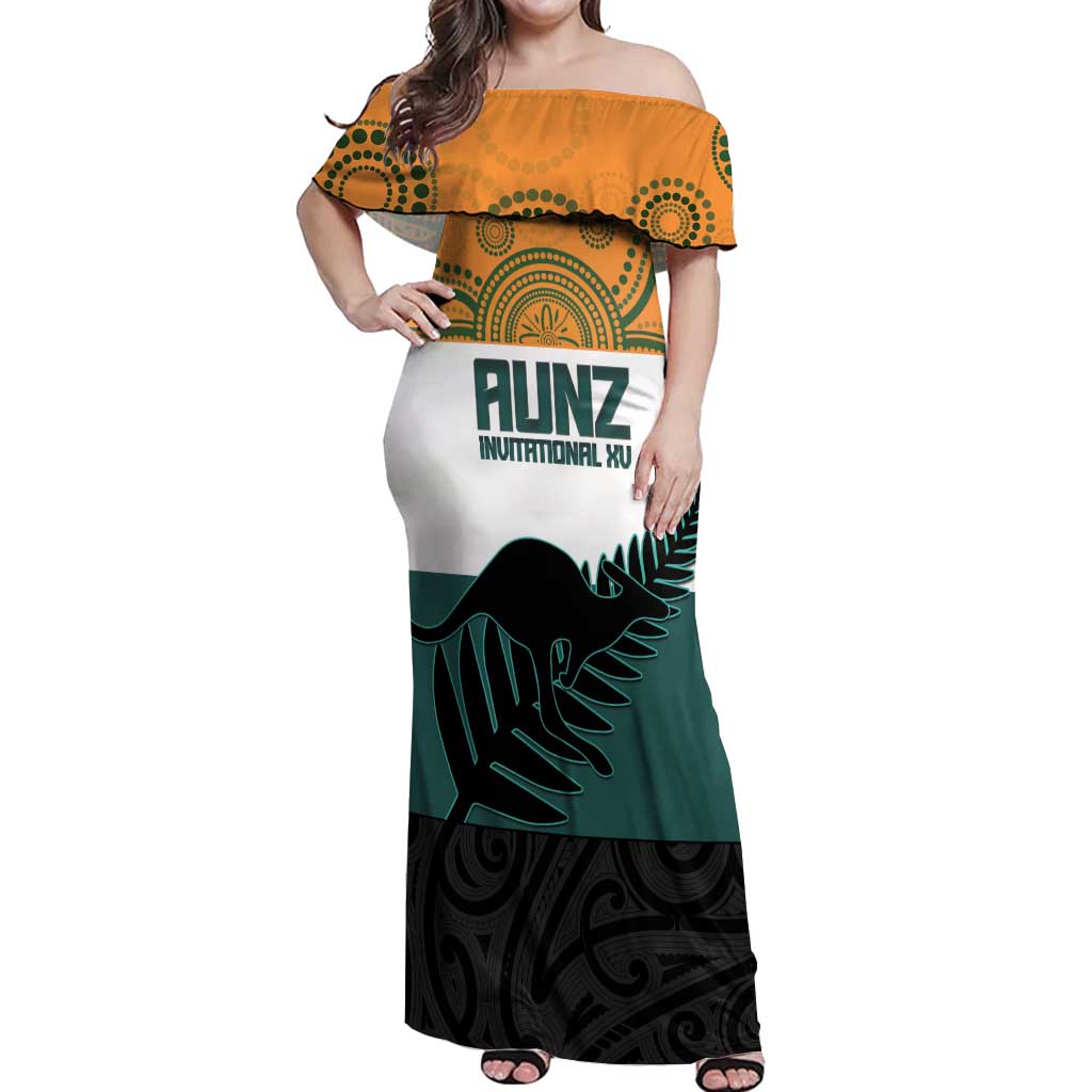 AUNZ Rugby Custom Off Shoulder Maxi Dress Australia Kangaroo New Zealand Silver Fern - Aussie Hoodie