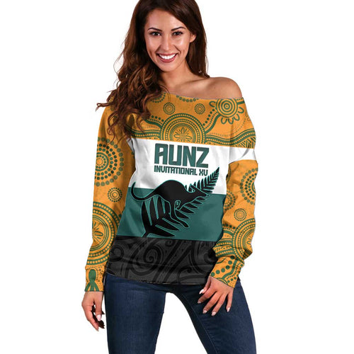AUNZ Rugby Custom Off Shoulder Sweater Australia Kangaroo New Zealand Silver Fern - Aussie Hoodie