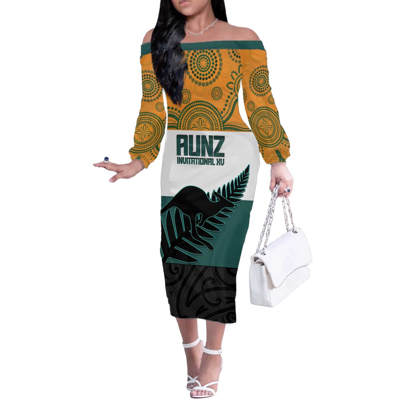 AUNZ Rugby Custom Off The Shoulder Long Sleeve Dress Australia Kangaroo New Zealand Silver Fern - Aussie Hoodie