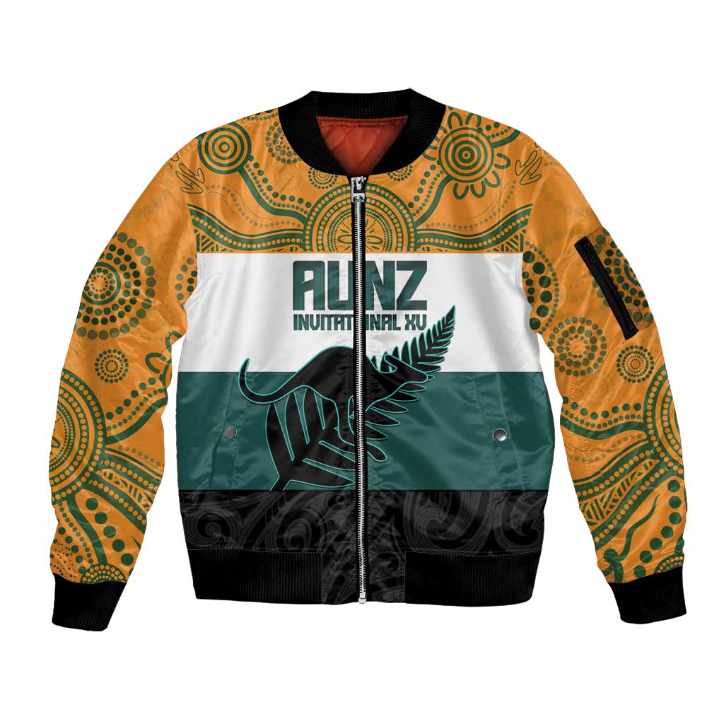 AUNZ Rugby Custom Sleeve Zip Bomber Jacket Australia Kangaroo New Zealand Silver Fern - Aussie Hoodie