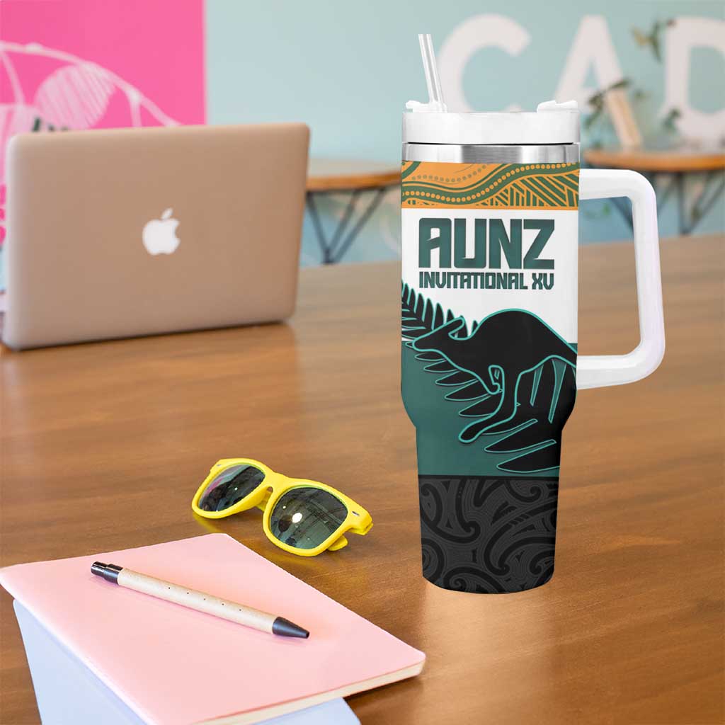 AUNZ Rugby Custom Tumbler With Handle Australia Kangaroo New Zealand Silver Fern - Aussie Hoodie