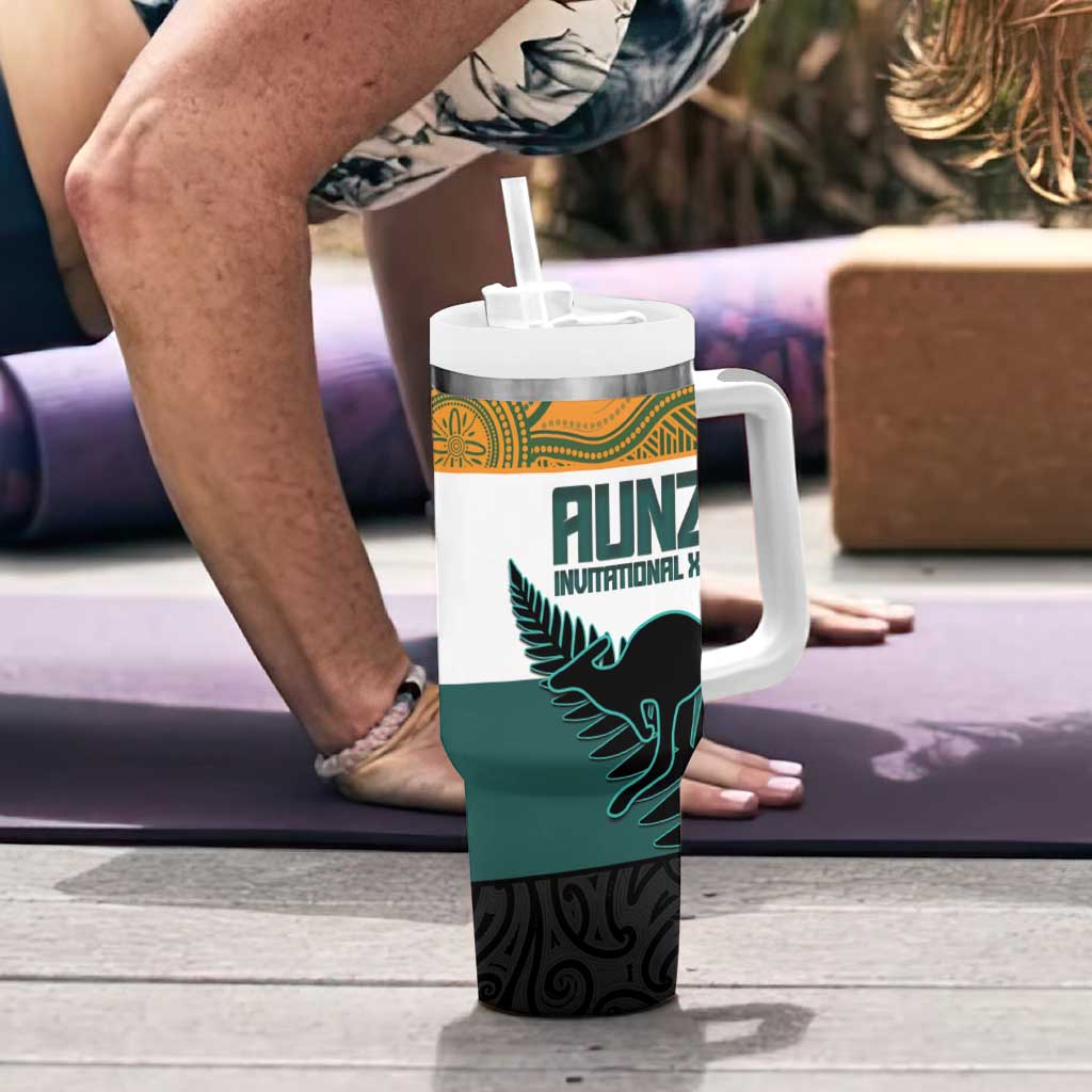 AUNZ Rugby Custom Tumbler With Handle Australia Kangaroo New Zealand Silver Fern - Aussie Hoodie