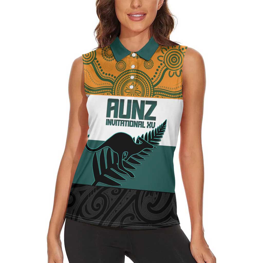 AUNZ Rugby Custom Women Sleeveless Polo Shirt Australia Kangaroo New Zealand Silver Fern - Aussie Hoodie