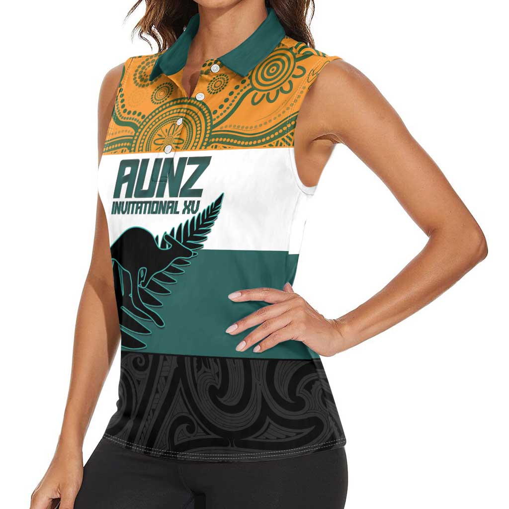 AUNZ Rugby Custom Women Sleeveless Polo Shirt Australia Kangaroo New Zealand Silver Fern - Aussie Hoodie