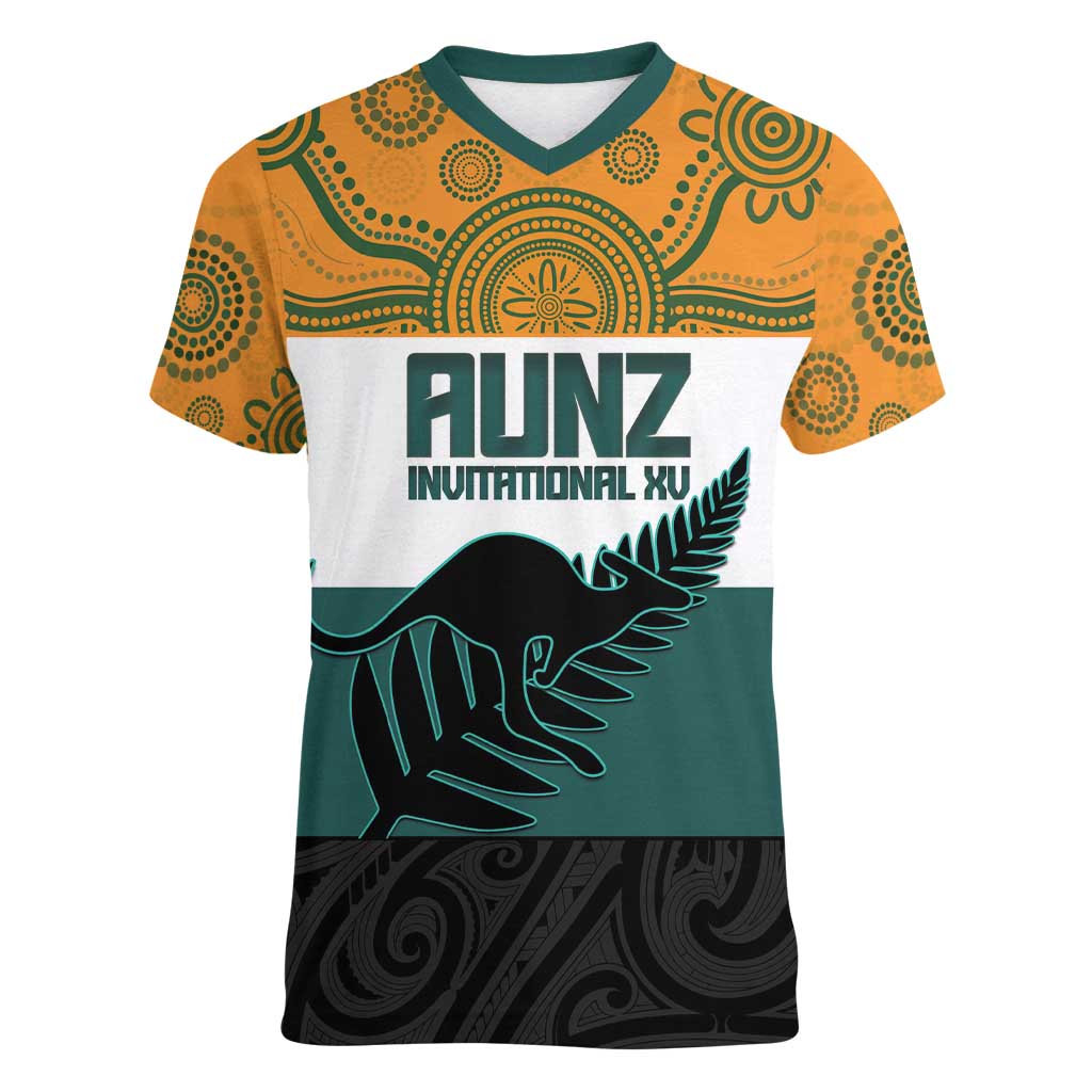 AUNZ Rugby Custom Women V-Neck T-Shirt Australia Kangaroo New Zealand Silver Fern - Aussie Hoodie
