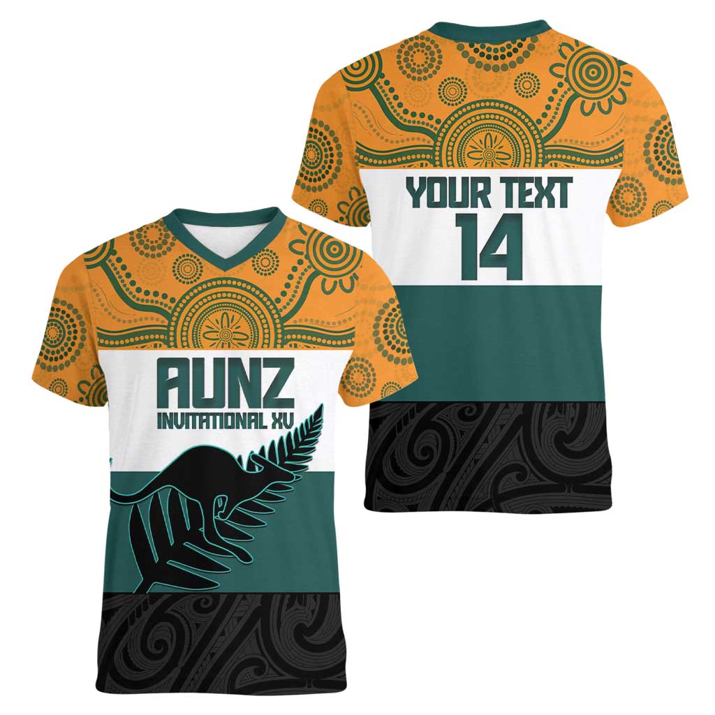 AUNZ Rugby Custom Women V-Neck T-Shirt Australia Kangaroo New Zealand Silver Fern - Aussie Hoodie