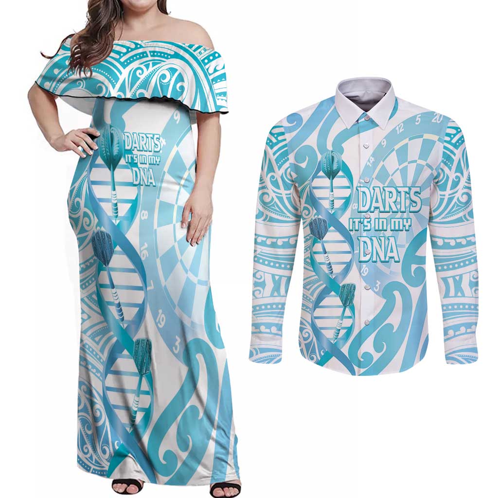 Personalised New Zealand Darts Couples Matching Off Shoulder Maxi Dress and Long Sleeve Button Shirt Aotearoa Maori Its In My DNA White - Aussie Hoodie