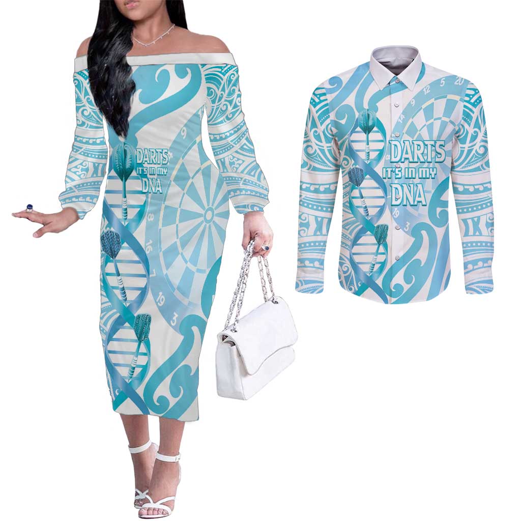 Personalised New Zealand Darts Couples Matching Off The Shoulder Long Sleeve Dress and Long Sleeve Button Shirt Aotearoa Maori Its In My DNA White - Aussie Hoodie