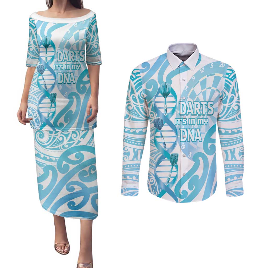 Personalised New Zealand Darts Couples Matching Puletasi and Long Sleeve Button Shirt Aotearoa Maori Its In My DNA White - Aussie Hoodie